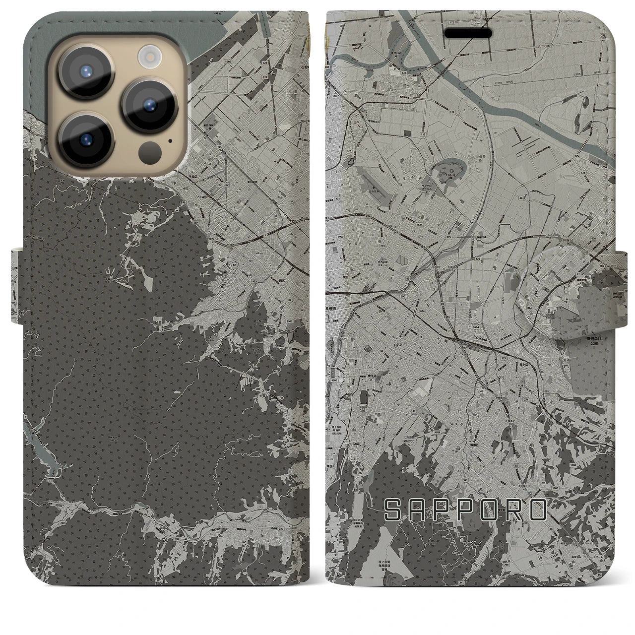 【札幌3(北海道)】地図柄iPhoneケース(手帳タイプ)モノトーン・iPhone 14 Pro Max 用