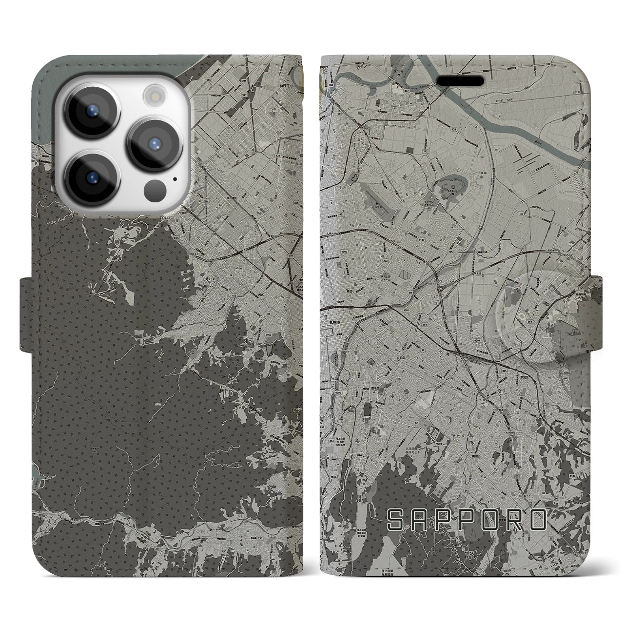 【札幌3(北海道)】地図柄iPhoneケース(手帳タイプ)モノトーン・iPhone 14 Pro 用