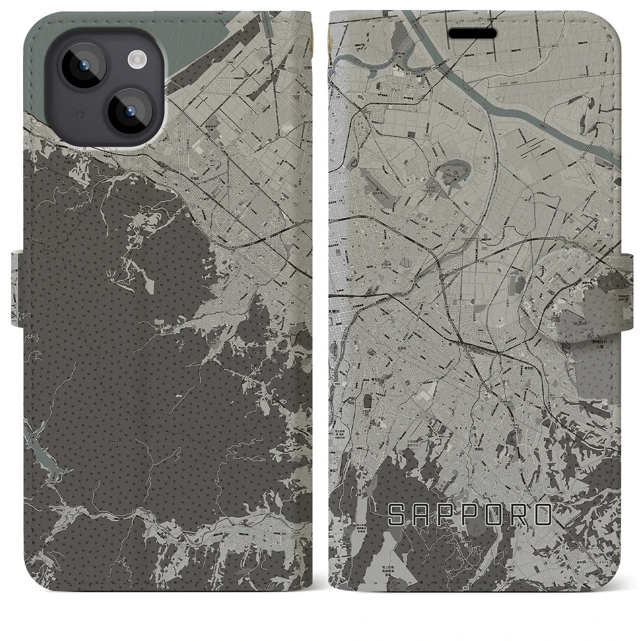 【札幌3(北海道)】地図柄iPhoneケース(手帳タイプ)モノトーン・iPhone 14 Plus 用