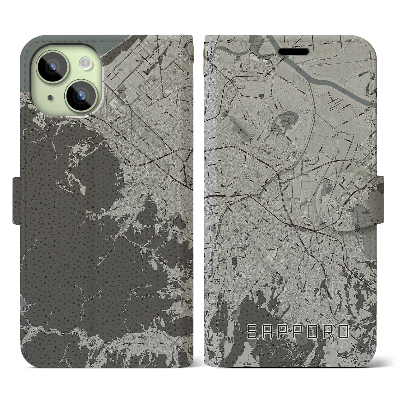 【札幌3(北海道)】地図柄iPhoneケース(手帳タイプ)モノトーン・iPhone 15 用