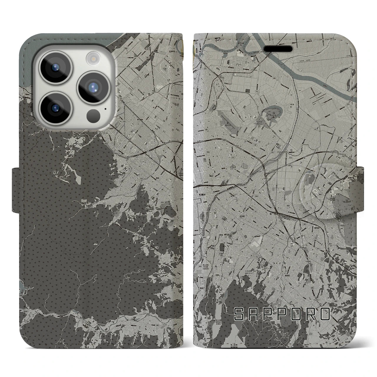 【札幌3(北海道)】地図柄iPhoneケース(手帳タイプ)モノトーン・iPhone 15 Pro 用
