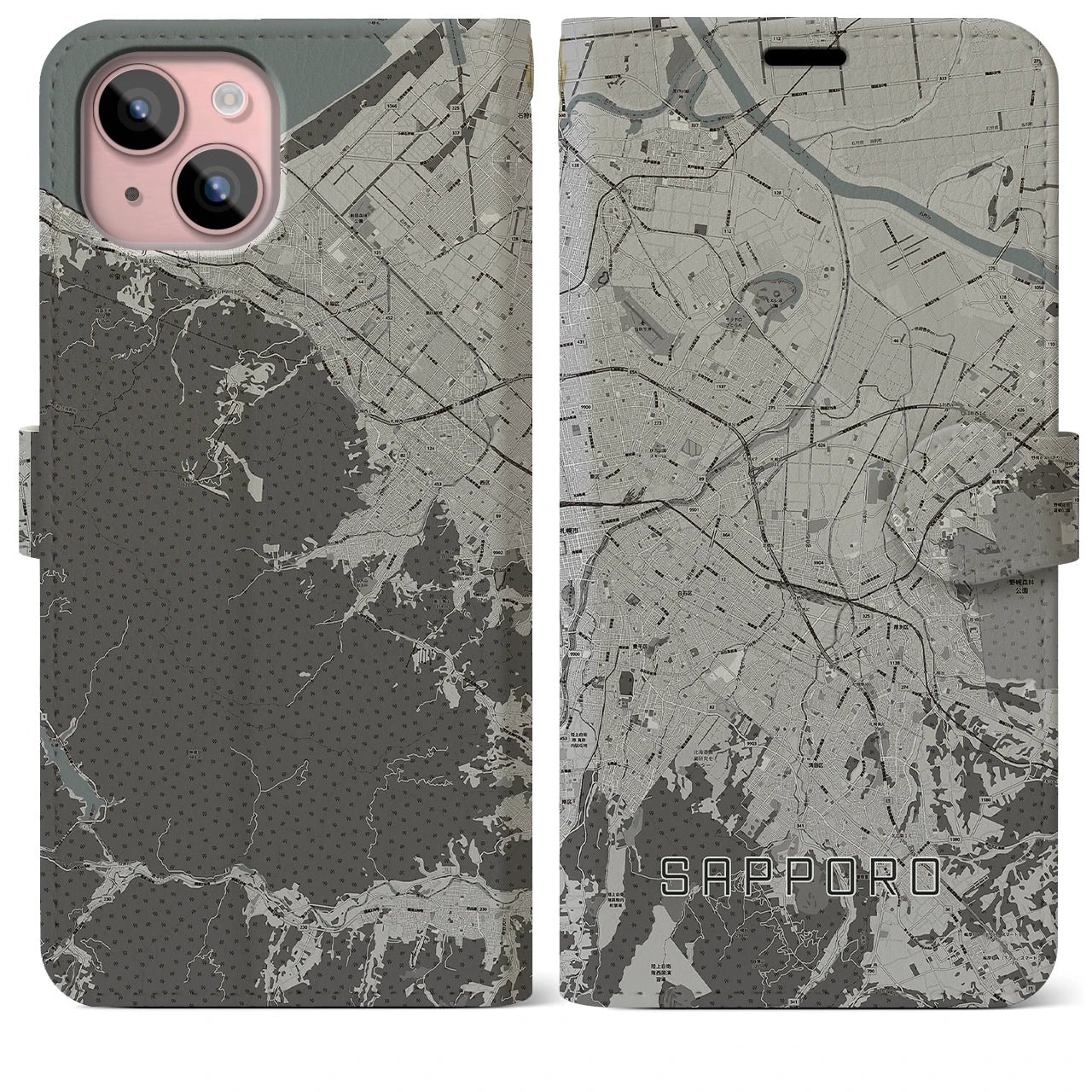 【札幌3(北海道)】地図柄iPhoneケース(手帳タイプ)モノトーン・iPhone 15 Plus 用