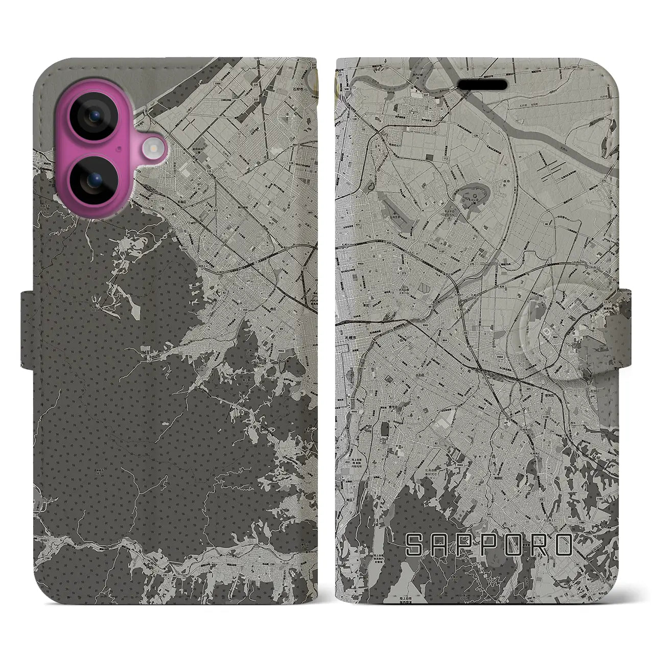【札幌3(北海道)】地図柄iPhoneケース(手帳タイプ)モノトーン・iPhone 16 Pro 用