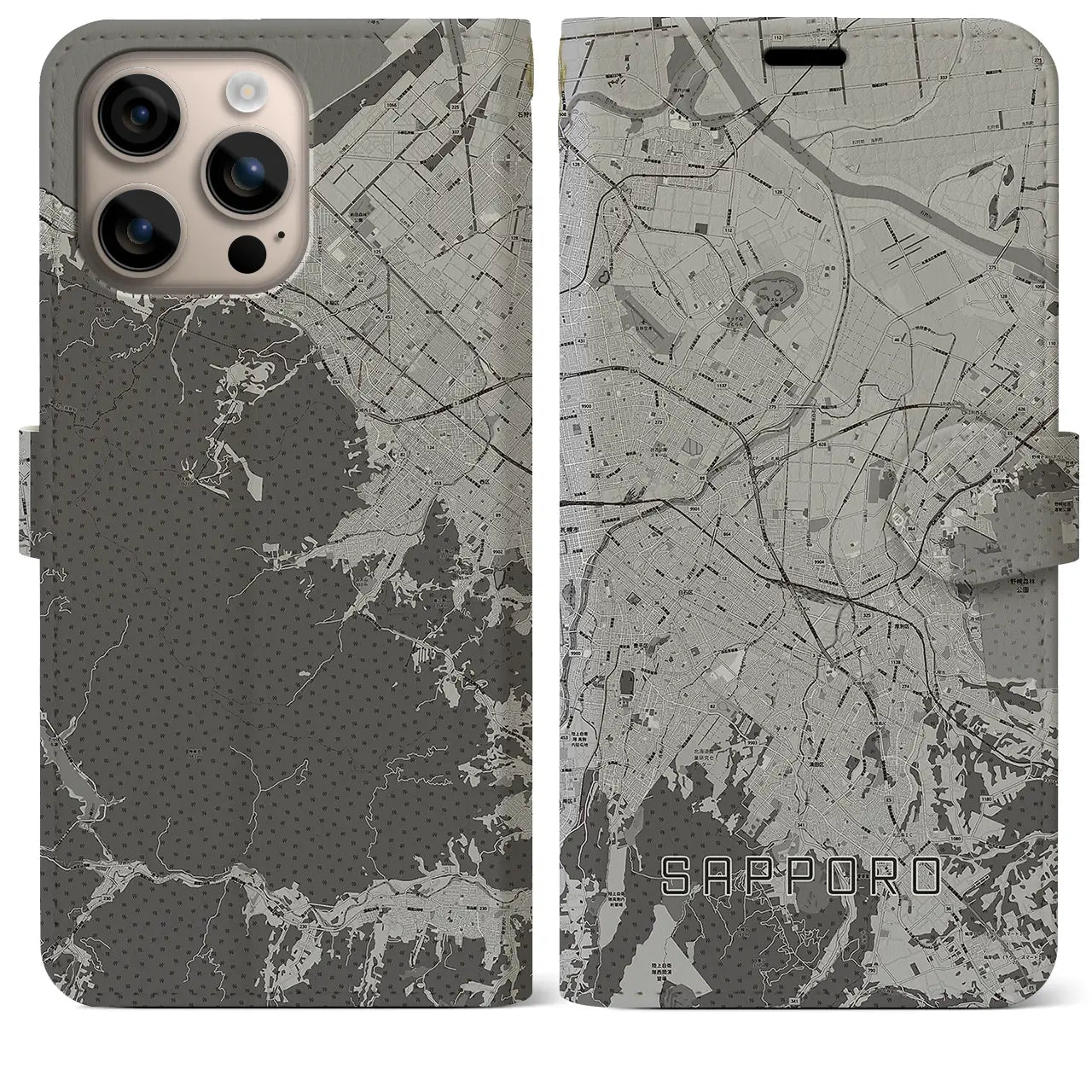 【札幌3(北海道)】地図柄iPhoneケース(手帳タイプ)モノトーン・iPhone 16 Plus 用