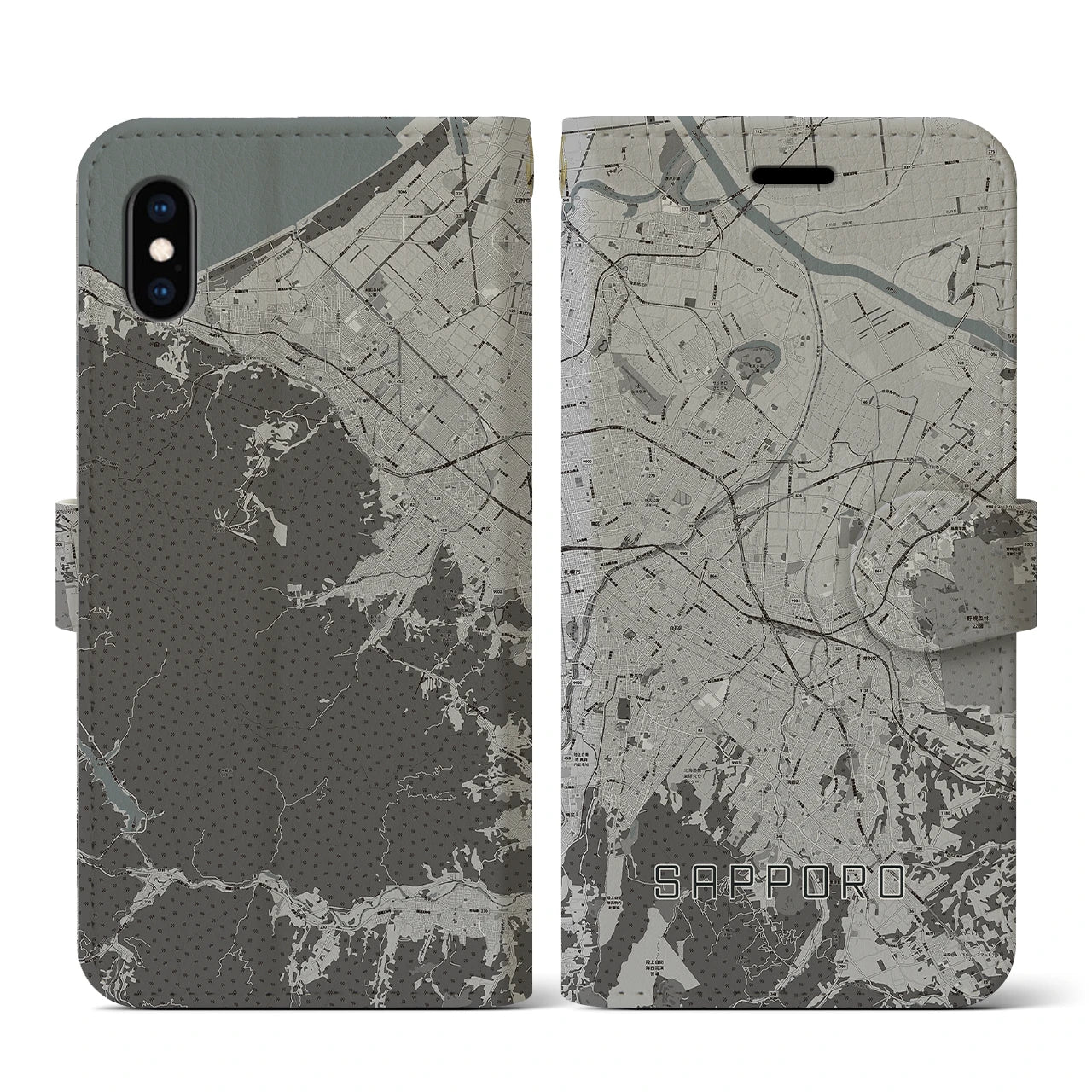 【札幌3(北海道)】地図柄iPhoneケース(手帳タイプ)モノトーン・iPhone XS / X 用