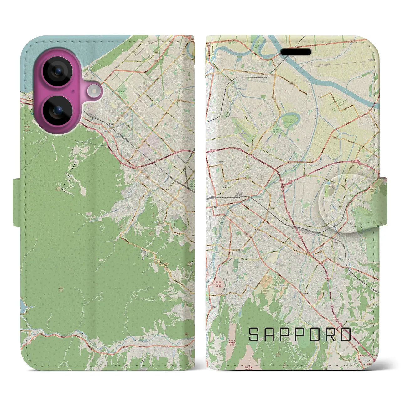 【札幌3(北海道)】地図柄iPhoneケース(手帳タイプ)ナチュラル・iPhone 16 Pro 用
