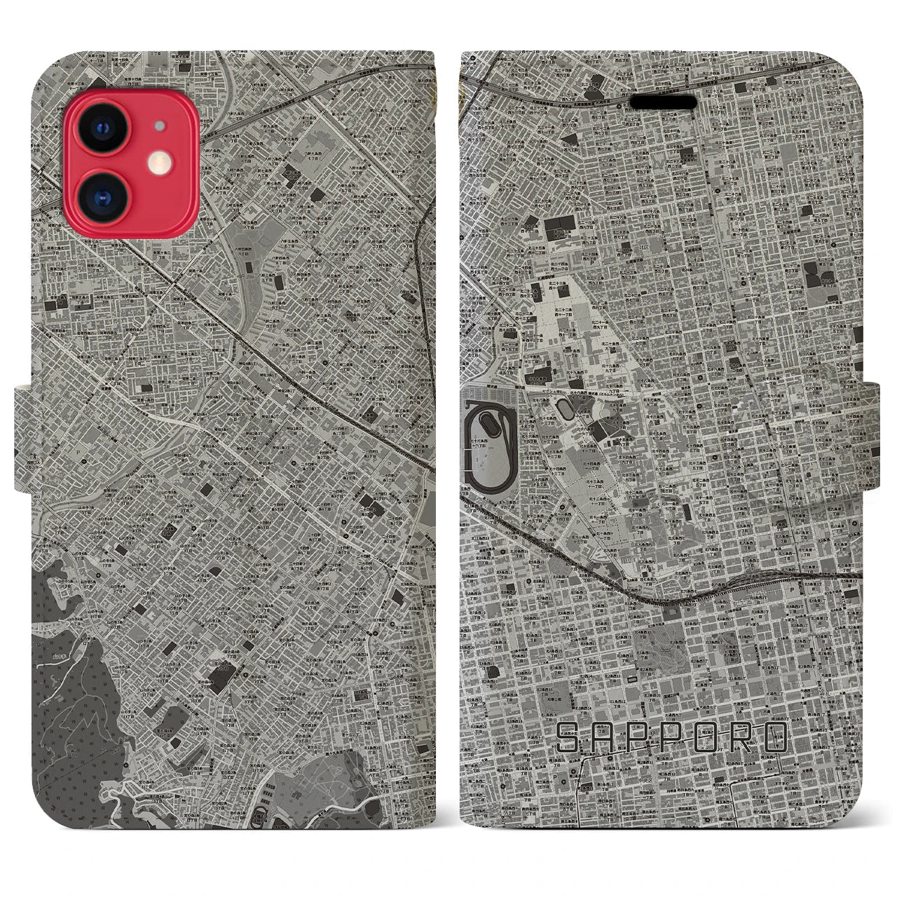 【札幌4(北海道)】地図柄iPhoneケース(手帳タイプ)モノトーン・iPhone 11 用