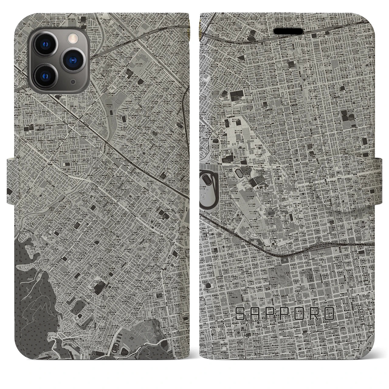 【札幌4(北海道)】地図柄iPhoneケース(手帳タイプ)モノトーン・iPhone 11 Pro Max 用
