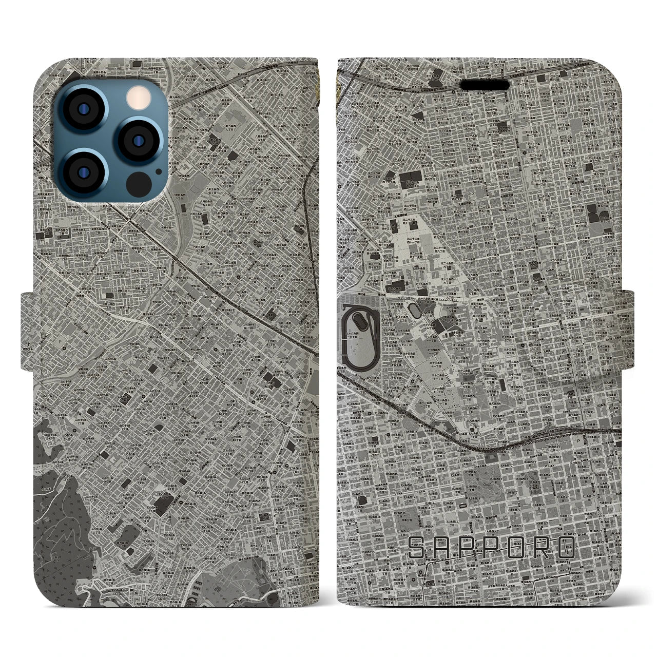 【札幌4(北海道)】地図柄iPhoneケース(手帳タイプ)モノトーン・iPhone 12 / 12 Pro 用