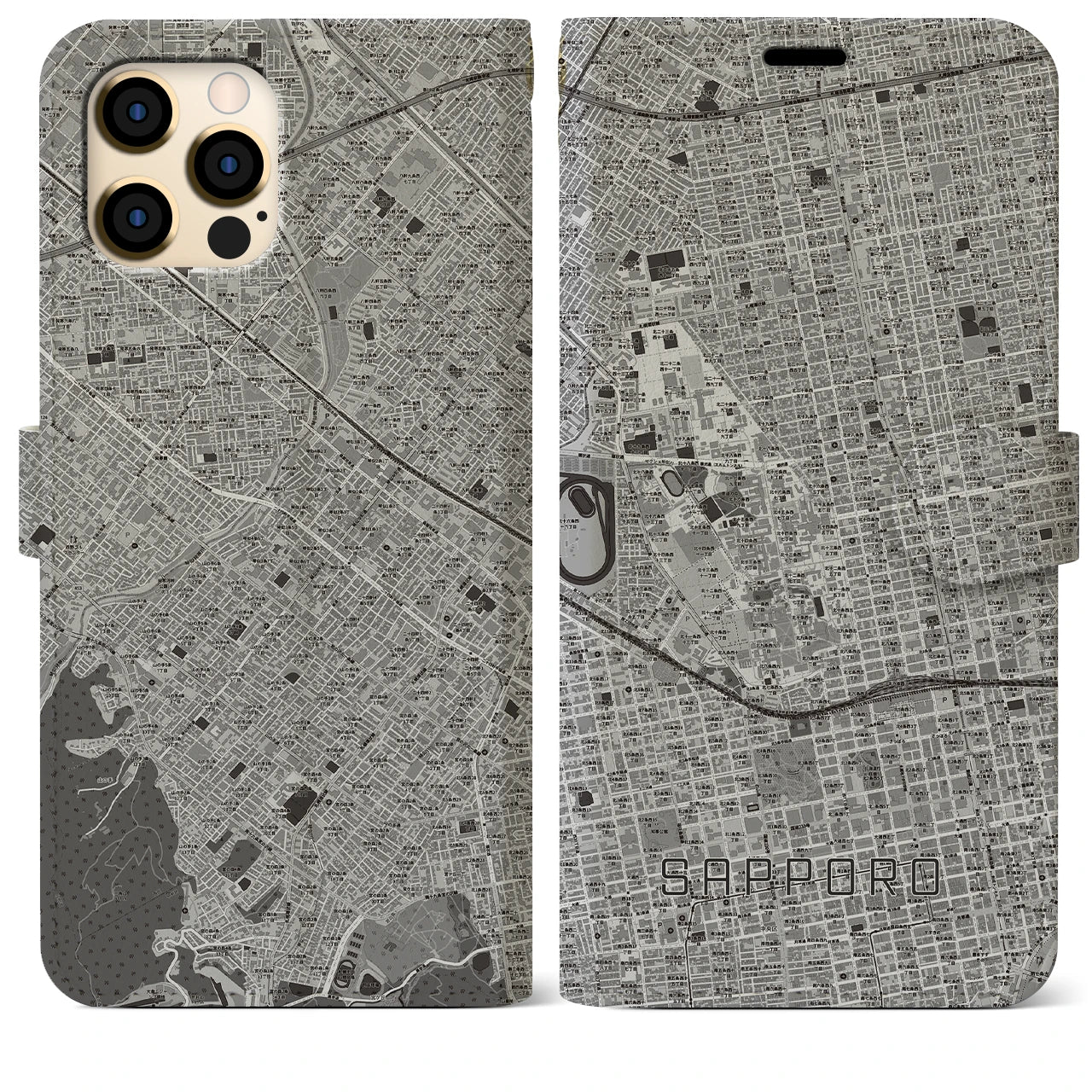 【札幌4(北海道)】地図柄iPhoneケース(手帳タイプ)モノトーン・iPhone 12 Pro Max 用