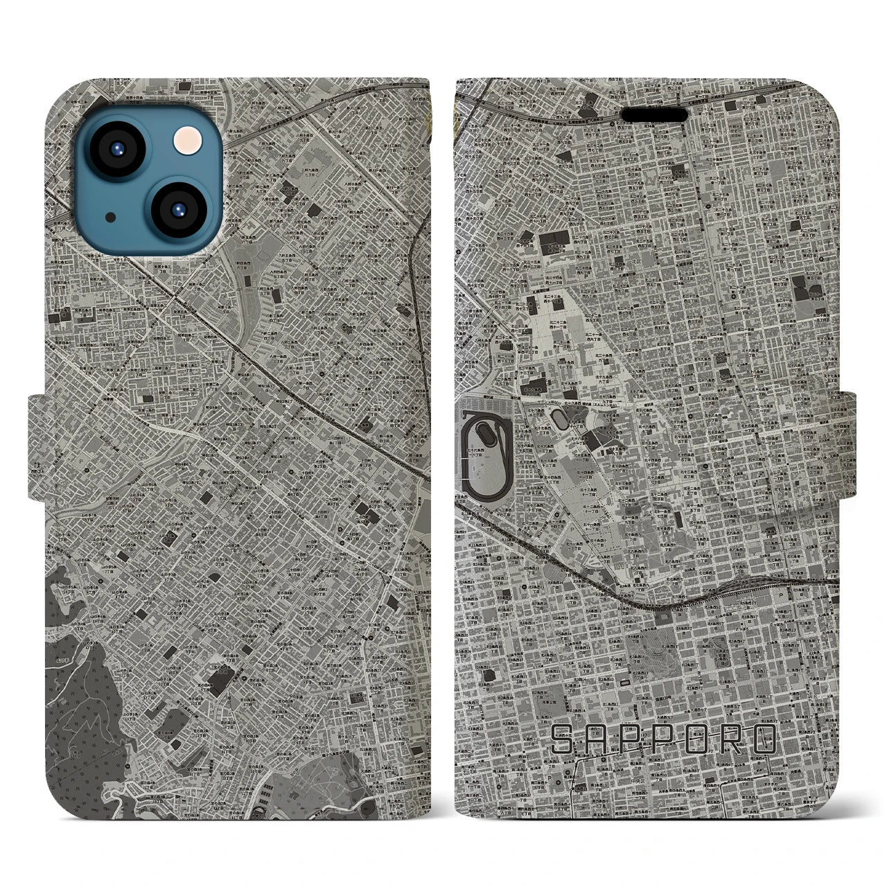 【札幌4(北海道)】地図柄iPhoneケース(手帳タイプ)モノトーン・iPhone 13 用