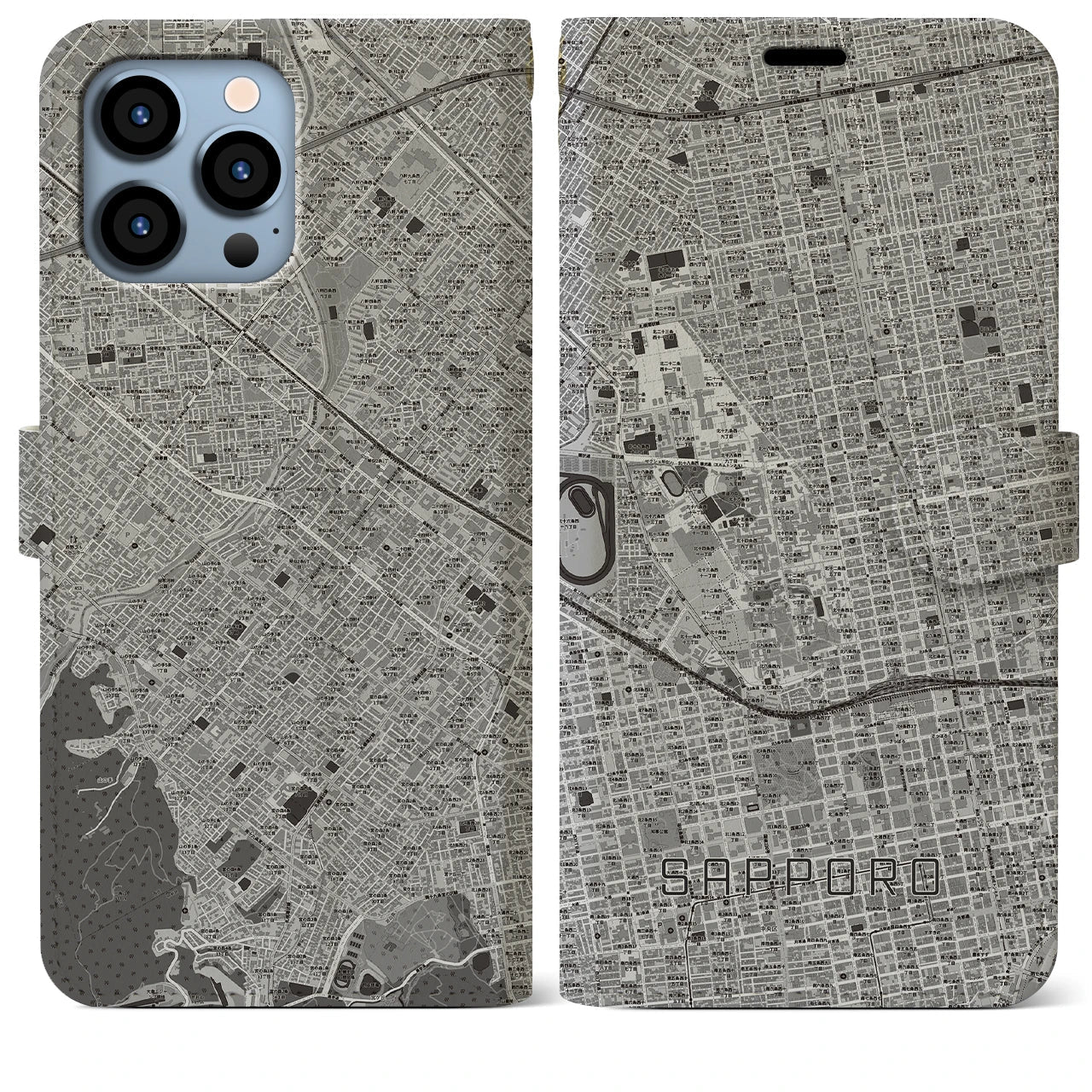 【札幌4(北海道)】地図柄iPhoneケース(手帳タイプ)モノトーン・iPhone 13 Pro Max 用
