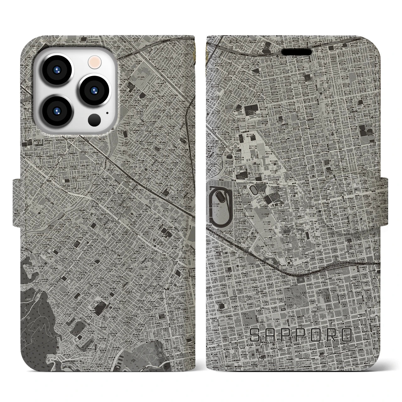 【札幌4(北海道)】地図柄iPhoneケース(手帳タイプ)モノトーン・iPhone 13 Pro 用