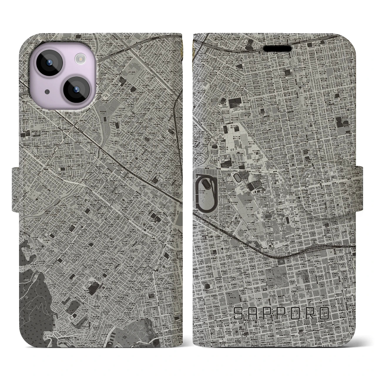 【札幌4(北海道)】地図柄iPhoneケース(手帳タイプ)モノトーン・iPhone 14 用