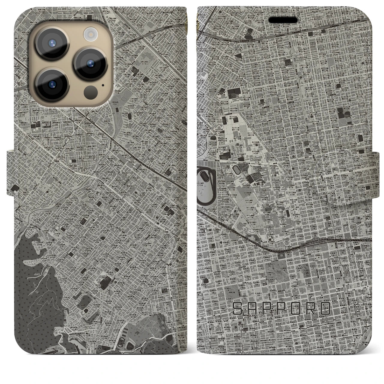 【札幌4(北海道)】地図柄iPhoneケース(手帳タイプ)モノトーン・iPhone 14 Pro Max 用