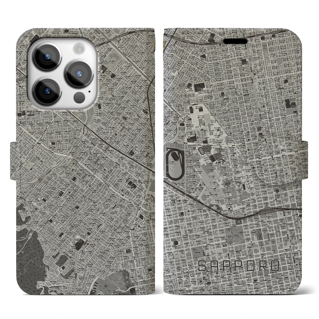【札幌4(北海道)】地図柄iPhoneケース(手帳タイプ)モノトーン・iPhone 14 Pro 用