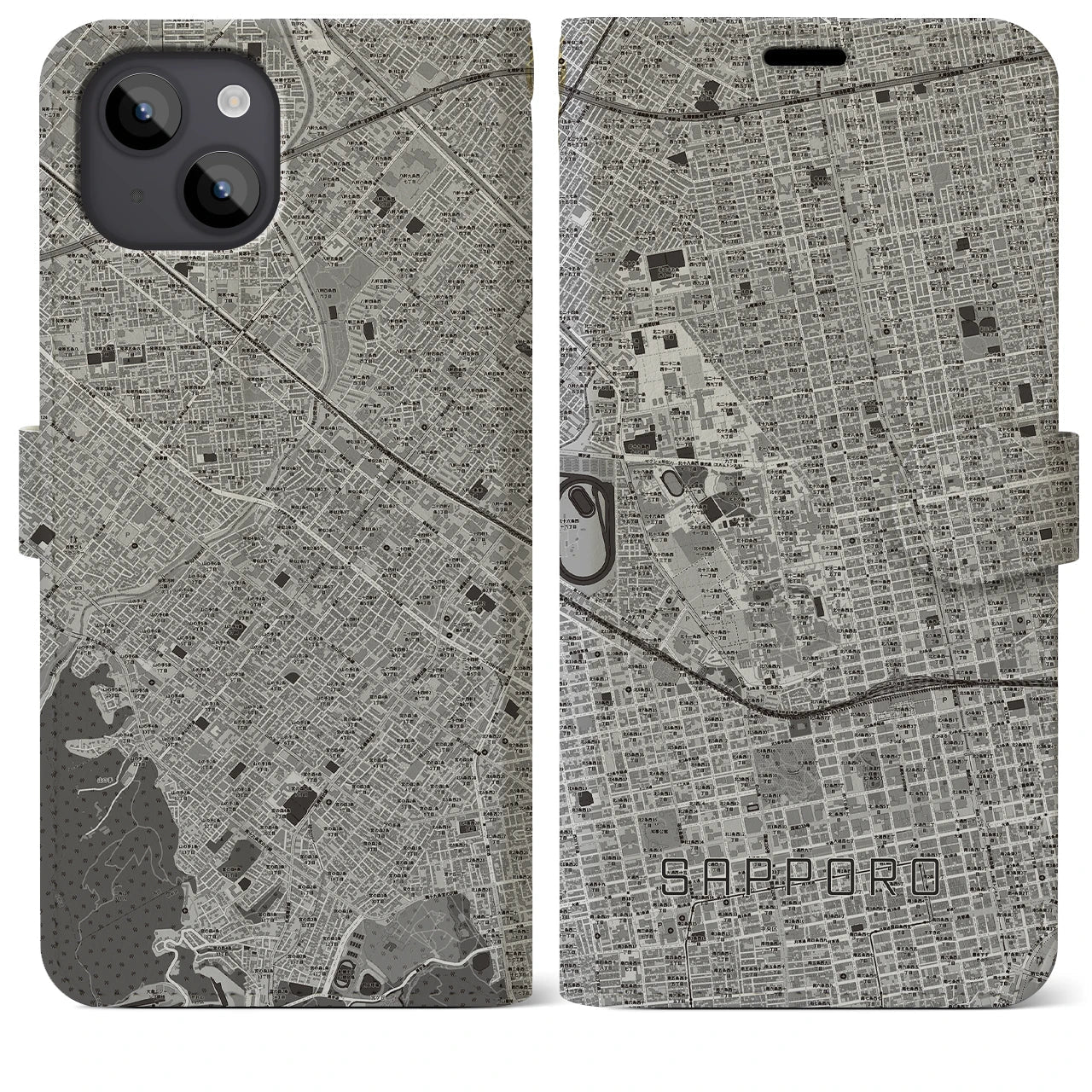 【札幌4(北海道)】地図柄iPhoneケース(手帳タイプ)モノトーン・iPhone 14 Plus 用