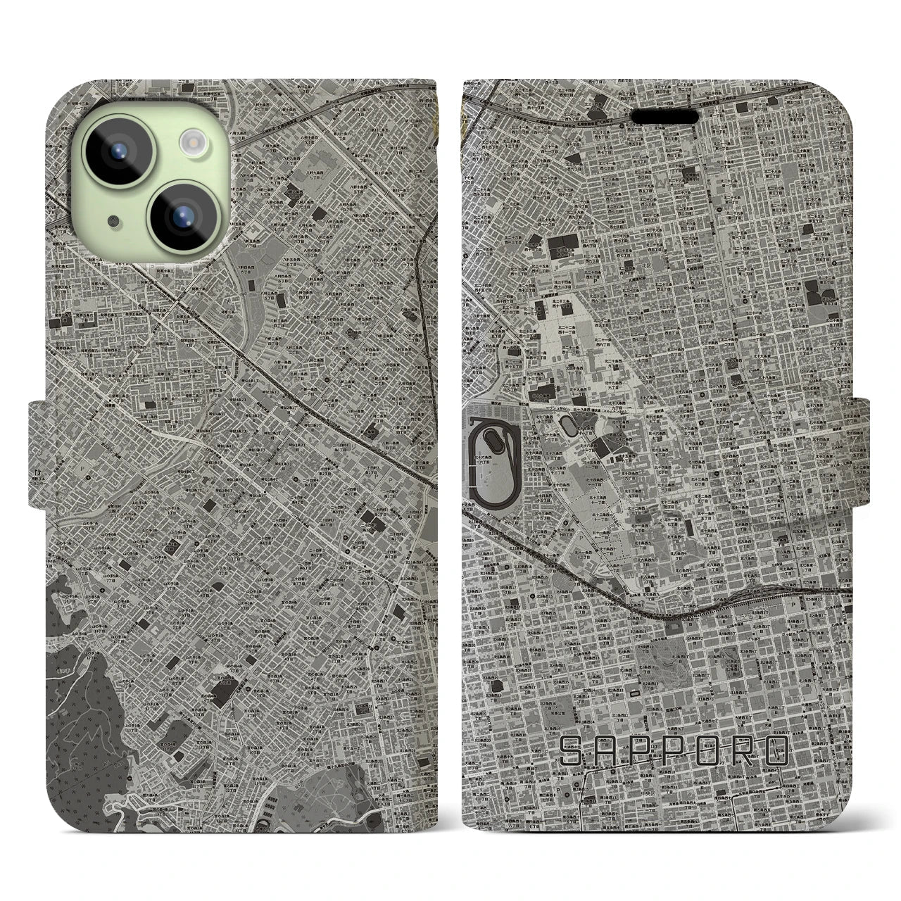 【札幌4(北海道)】地図柄iPhoneケース(手帳タイプ)モノトーン・iPhone 15 用