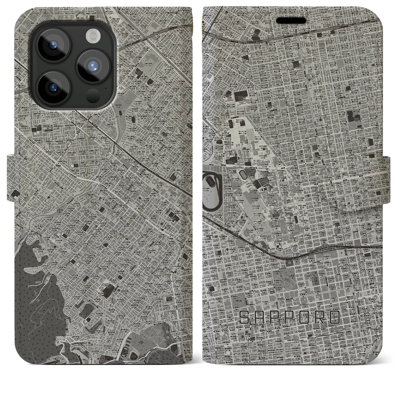 【札幌4(北海道)】地図柄iPhoneケース(手帳タイプ)モノトーン・iPhone 15 Pro Max 用