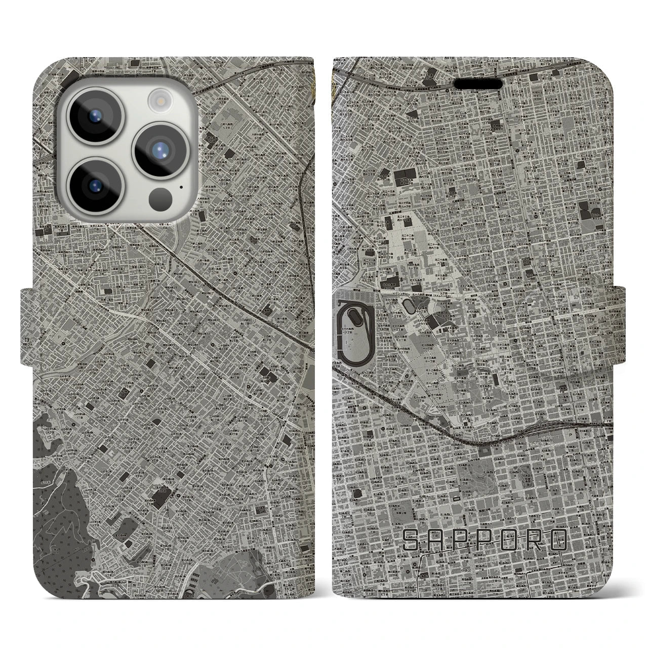 【札幌4(北海道)】地図柄iPhoneケース(手帳タイプ)モノトーン・iPhone 15 Pro 用