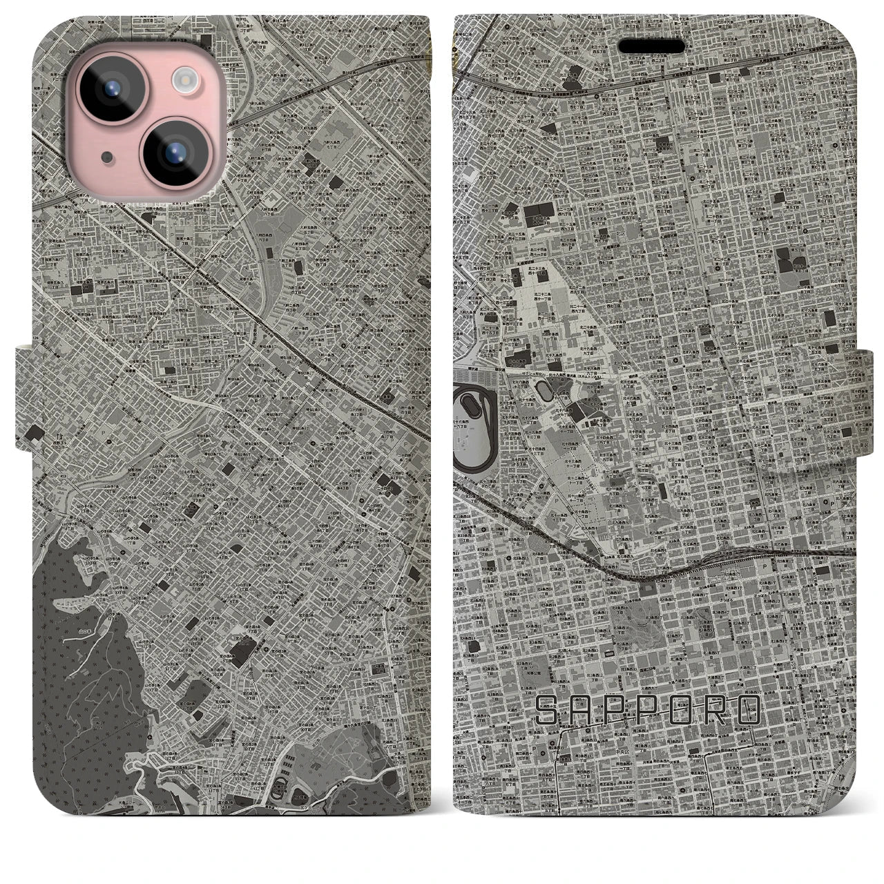 【札幌4(北海道)】地図柄iPhoneケース(手帳タイプ)モノトーン・iPhone 15 Plus 用