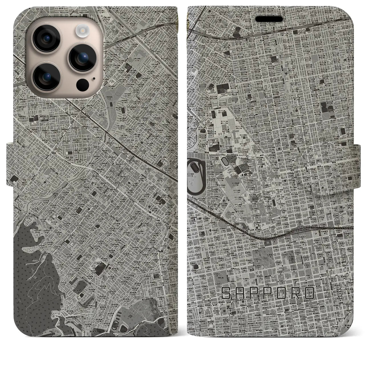 【札幌4(北海道)】地図柄iPhoneケース(手帳タイプ)モノトーン・iPhone 16 Plus 用