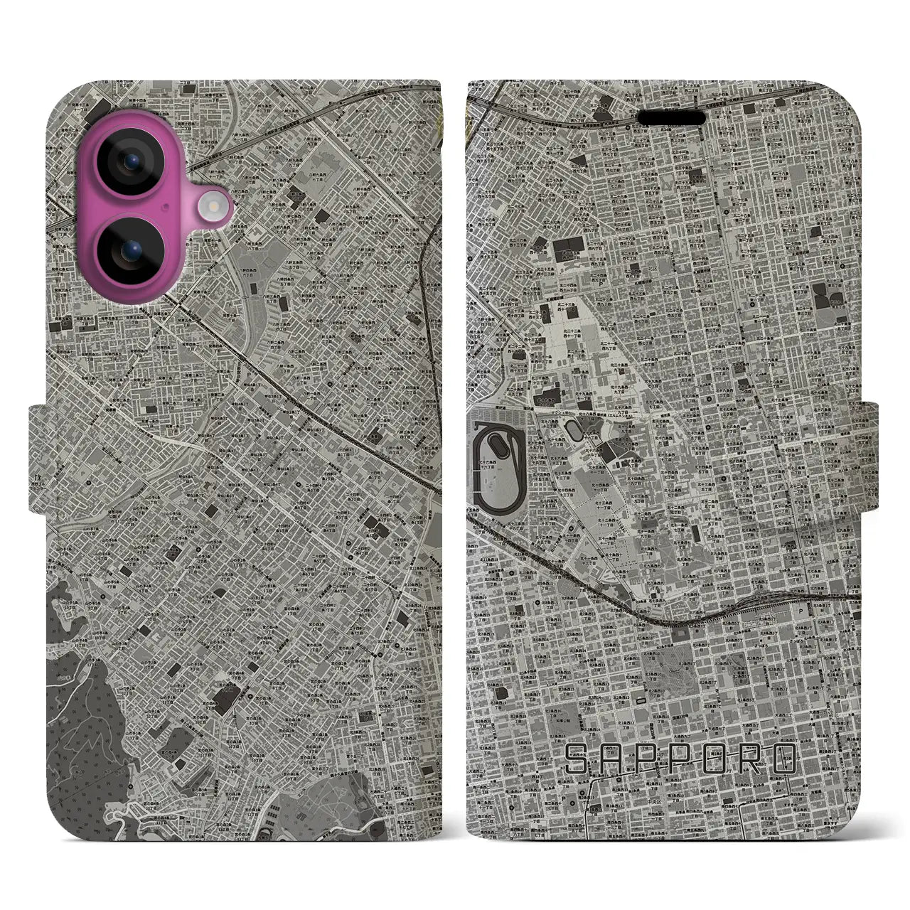 【札幌4(北海道)】地図柄iPhoneケース(手帳タイプ)モノトーン・iPhone 16 Pro 用