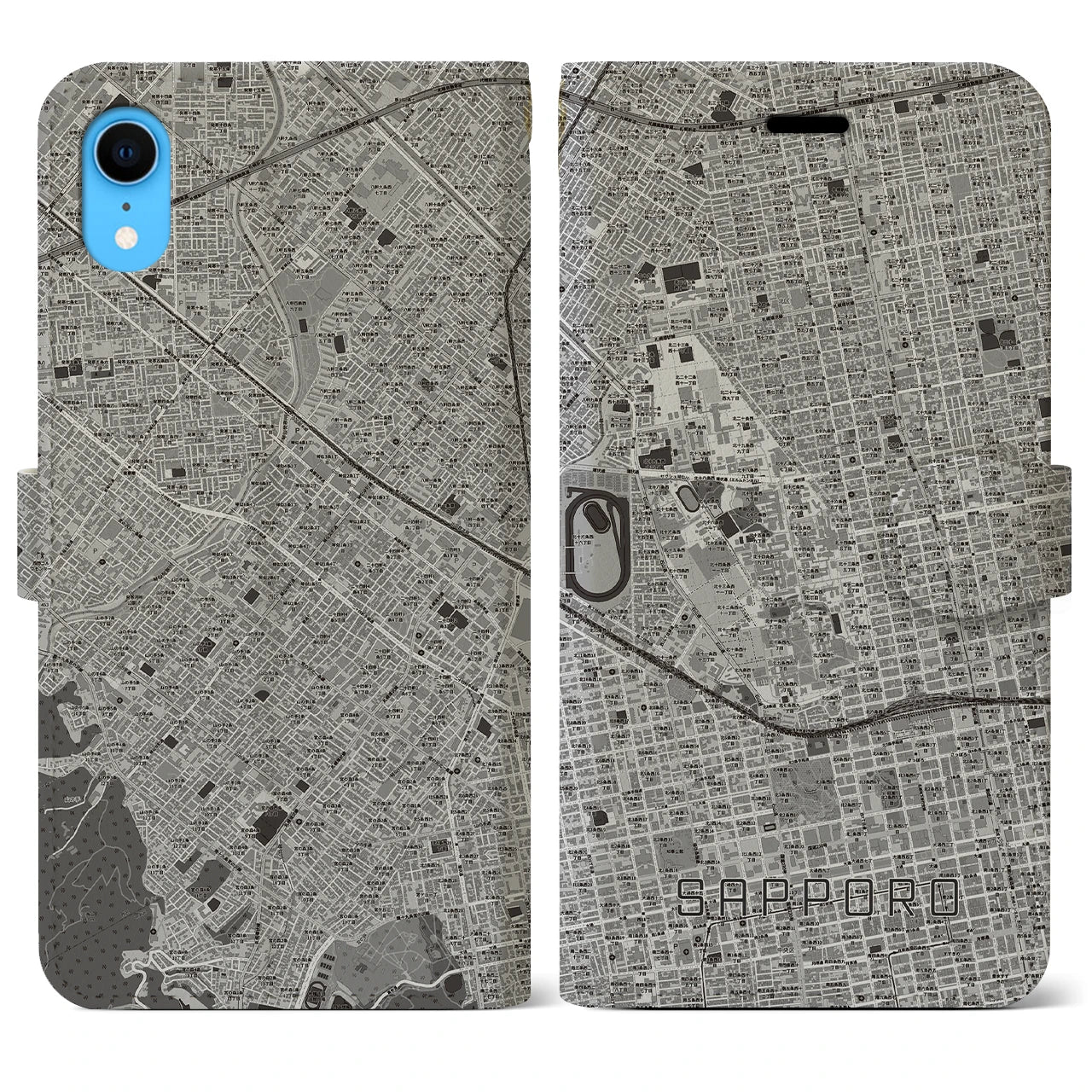 【札幌4(北海道)】地図柄iPhoneケース(手帳タイプ)モノトーン・iPhone XR 用