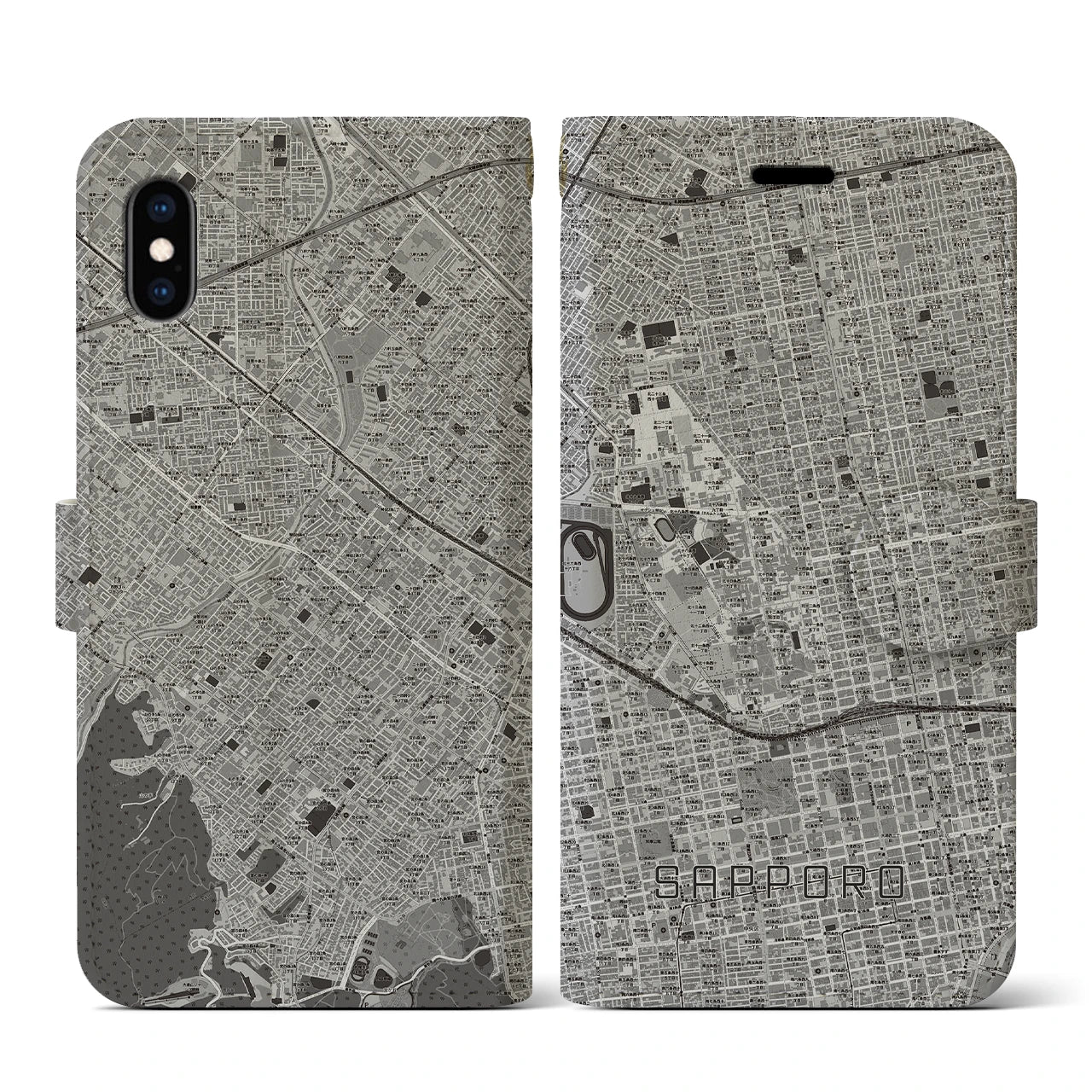【札幌4(北海道)】地図柄iPhoneケース(手帳タイプ)モノトーン・iPhone XS / X 用