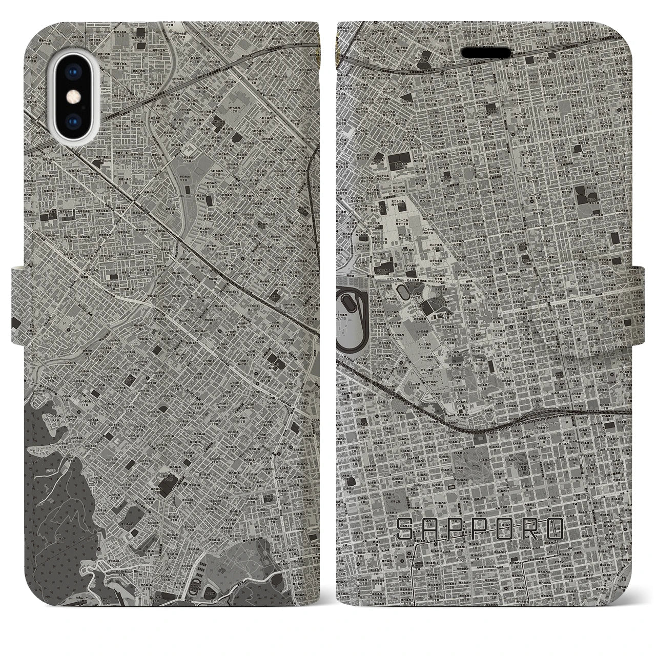 【札幌4(北海道)】地図柄iPhoneケース(手帳タイプ)モノトーン・iPhone XS Max 用