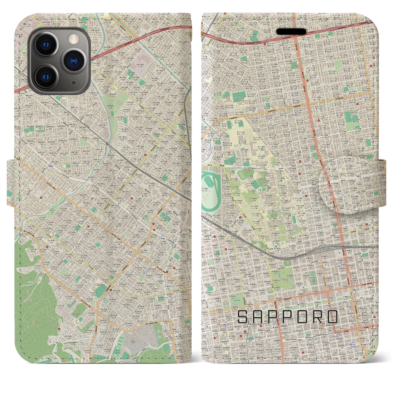 【札幌4(北海道)】地図柄iPhoneケース(手帳タイプ)ナチュラル・iPhone 11 Pro Max 用