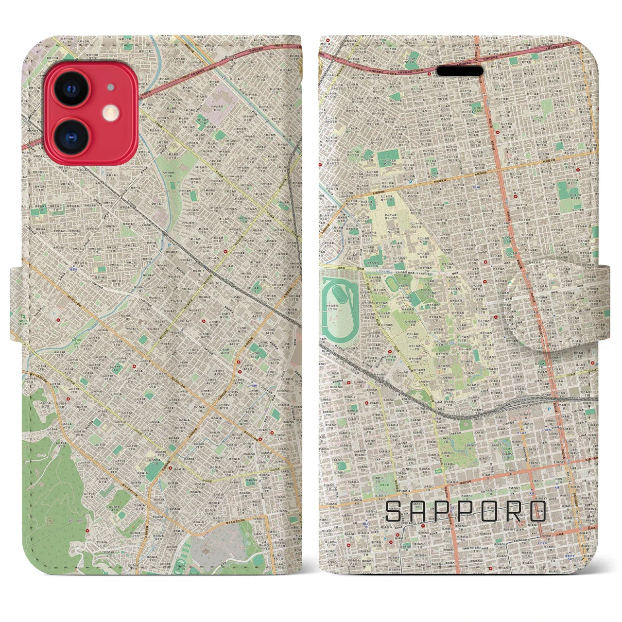 【札幌4(北海道)】地図柄iPhoneケース(手帳タイプ)ナチュラル・iPhone 11 用