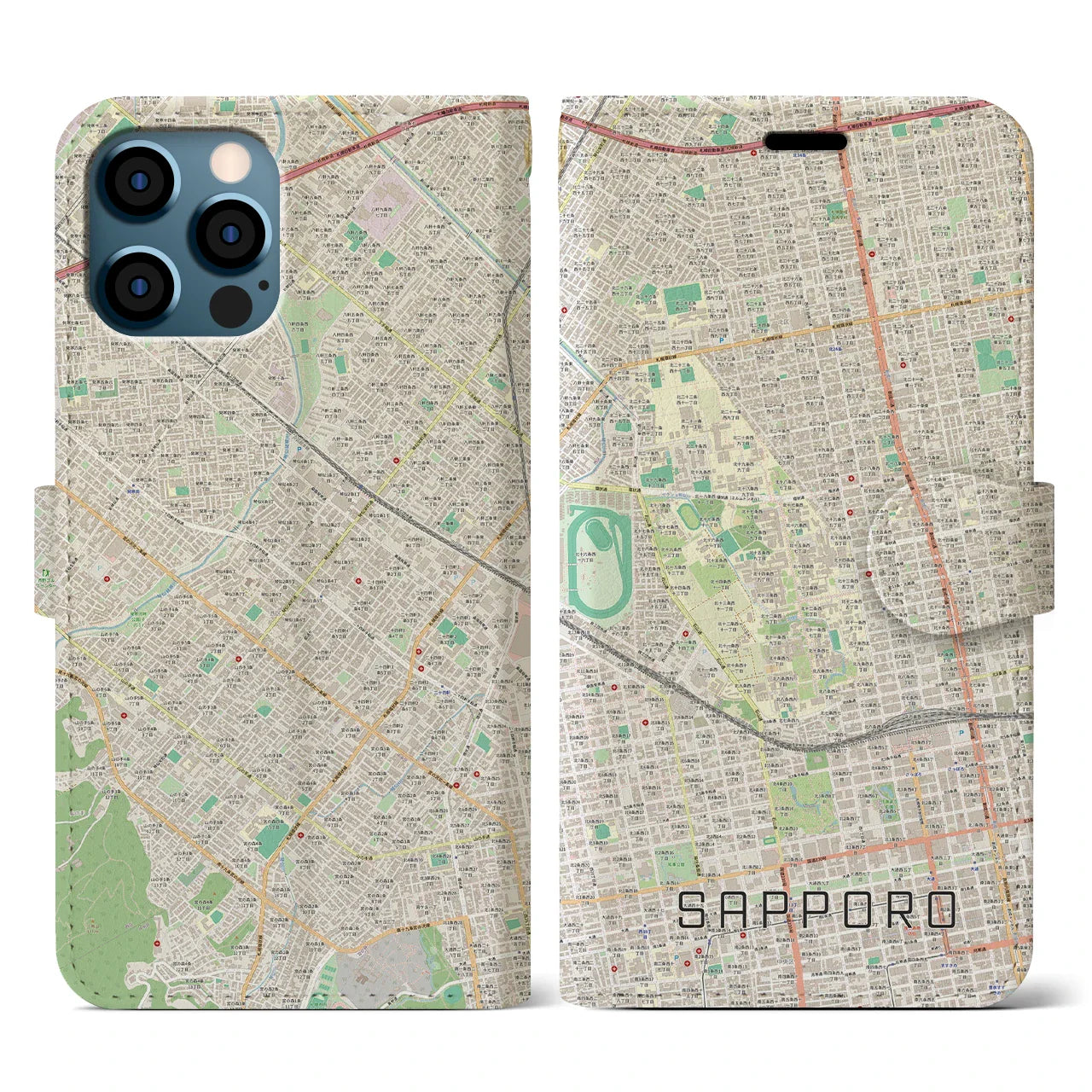 【札幌4(北海道)】地図柄iPhoneケース(手帳タイプ)ナチュラル・iPhone 12 / 12 Pro 用