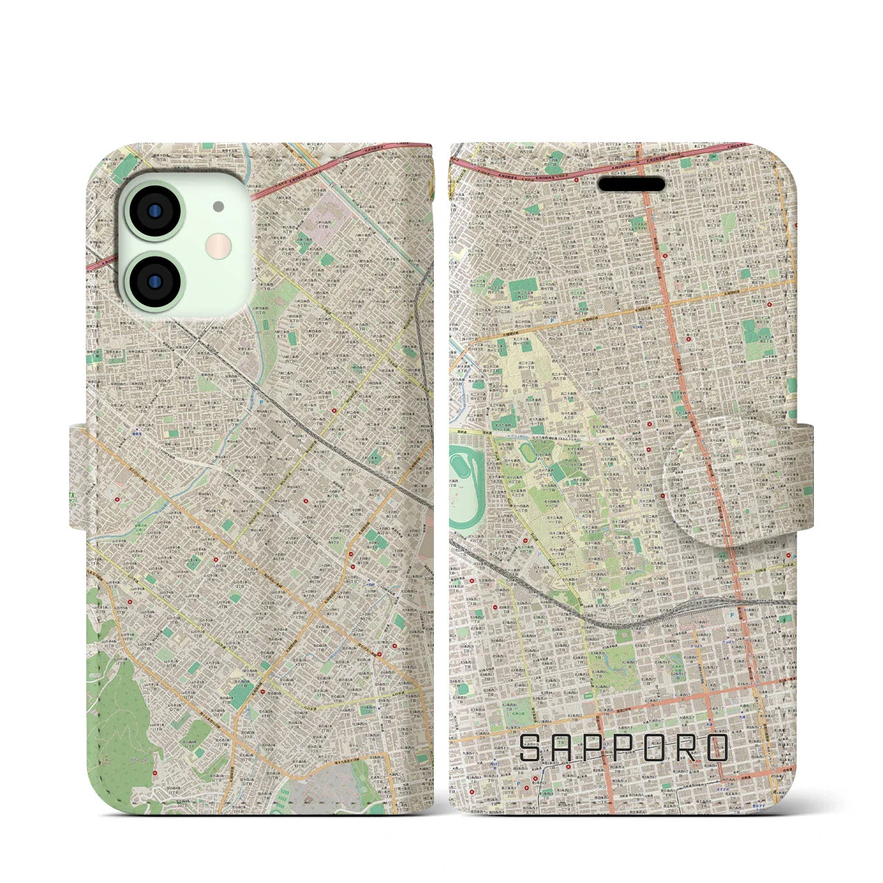 【札幌4(北海道)】地図柄iPhoneケース(手帳タイプ)ナチュラル・iPhone 12 mini 用