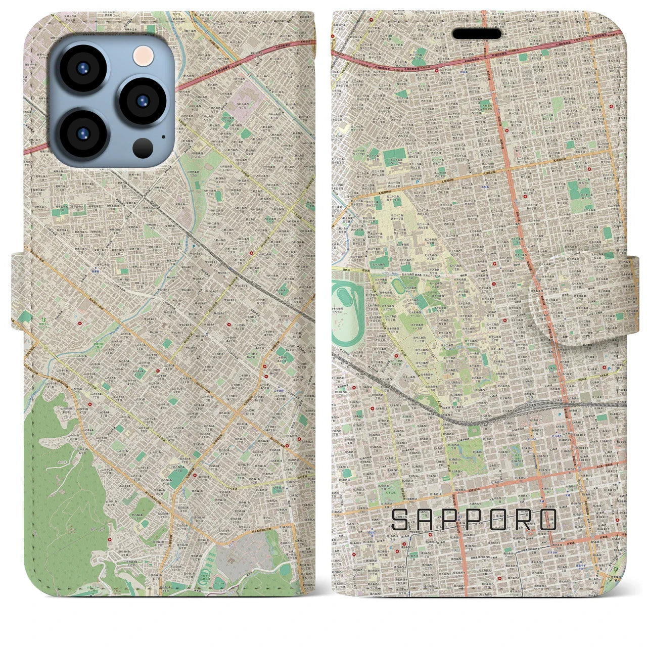 【札幌4(北海道)】地図柄iPhoneケース(手帳タイプ)ナチュラル・iPhone 13 Pro Max 用