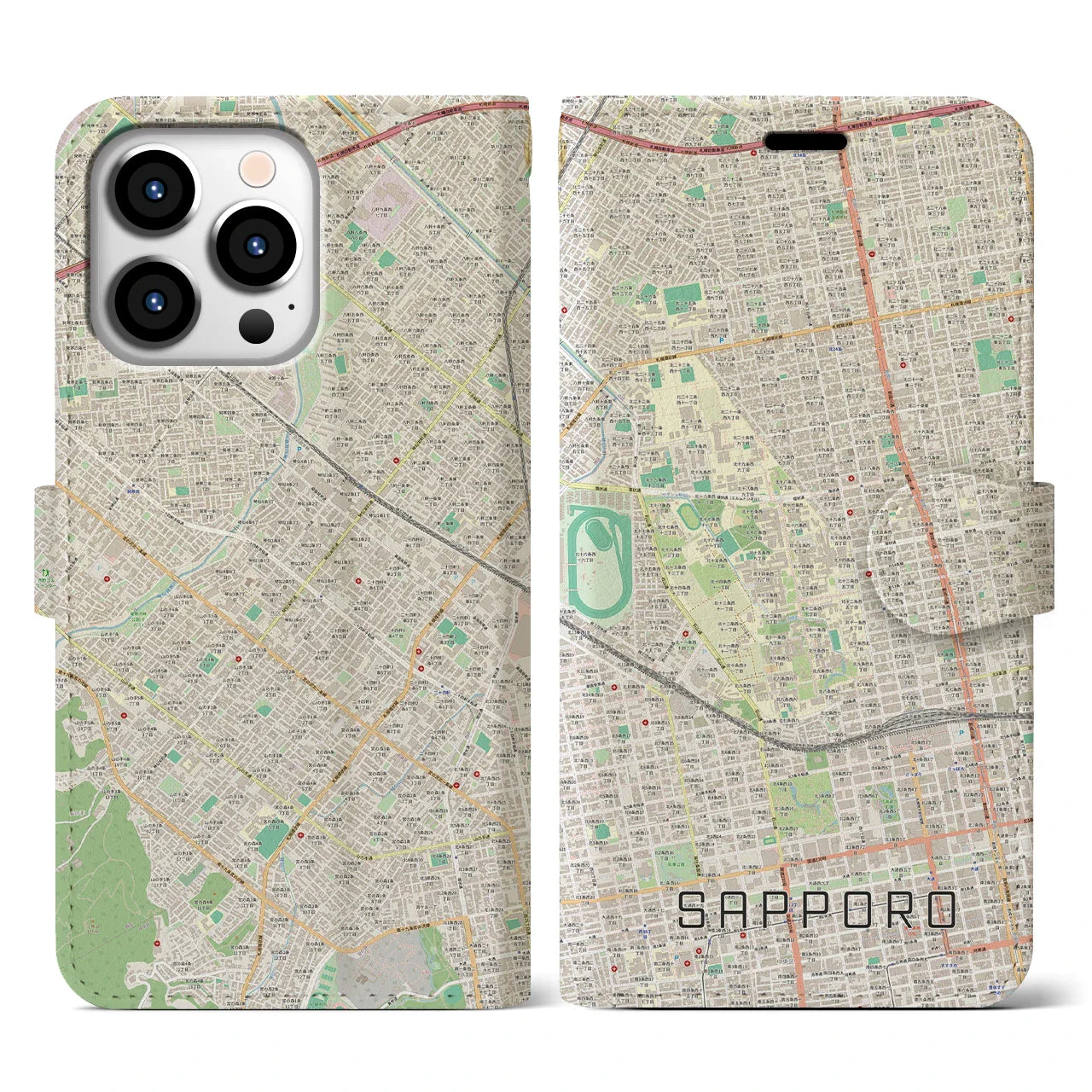 【札幌4(北海道)】地図柄iPhoneケース(手帳タイプ)ナチュラル・iPhone 13 Pro 用