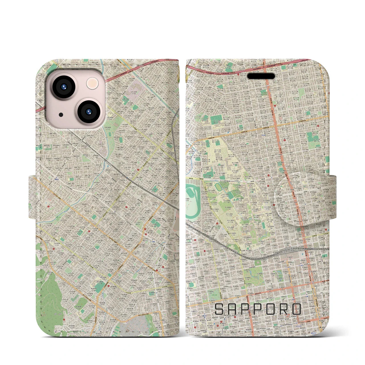 【札幌4(北海道)】地図柄iPhoneケース(手帳タイプ)ナチュラル・iPhone 13 mini 用