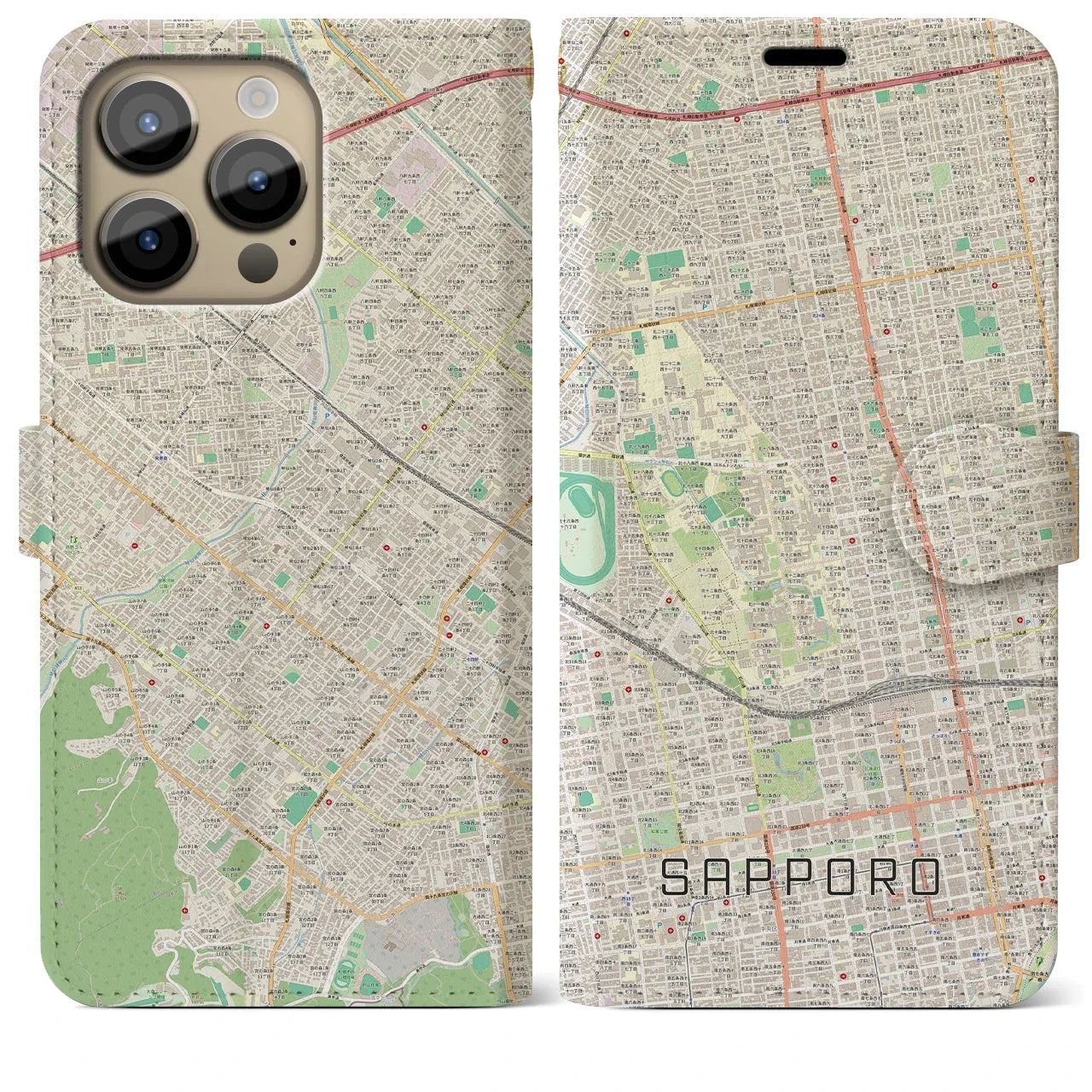 【札幌4(北海道)】地図柄iPhoneケース(手帳タイプ)ナチュラル・iPhone 14 Pro Max 用