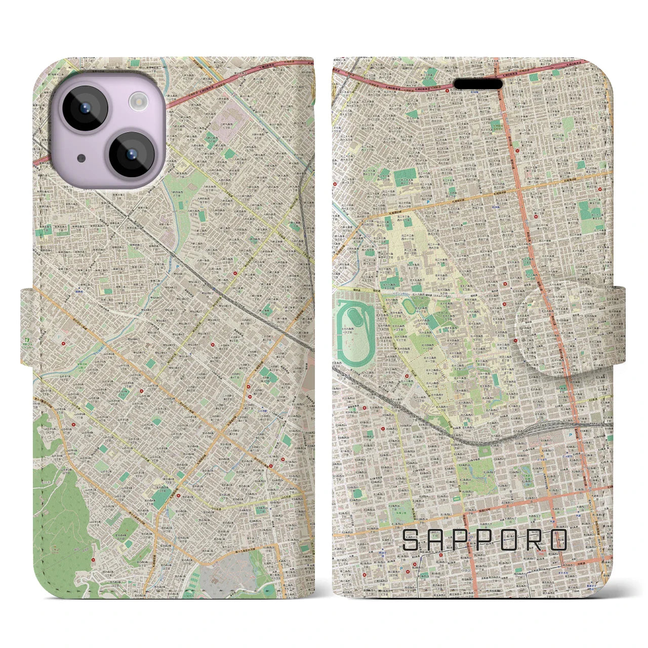 【札幌4(北海道)】地図柄iPhoneケース(手帳タイプ)ナチュラル・iPhone 14 用