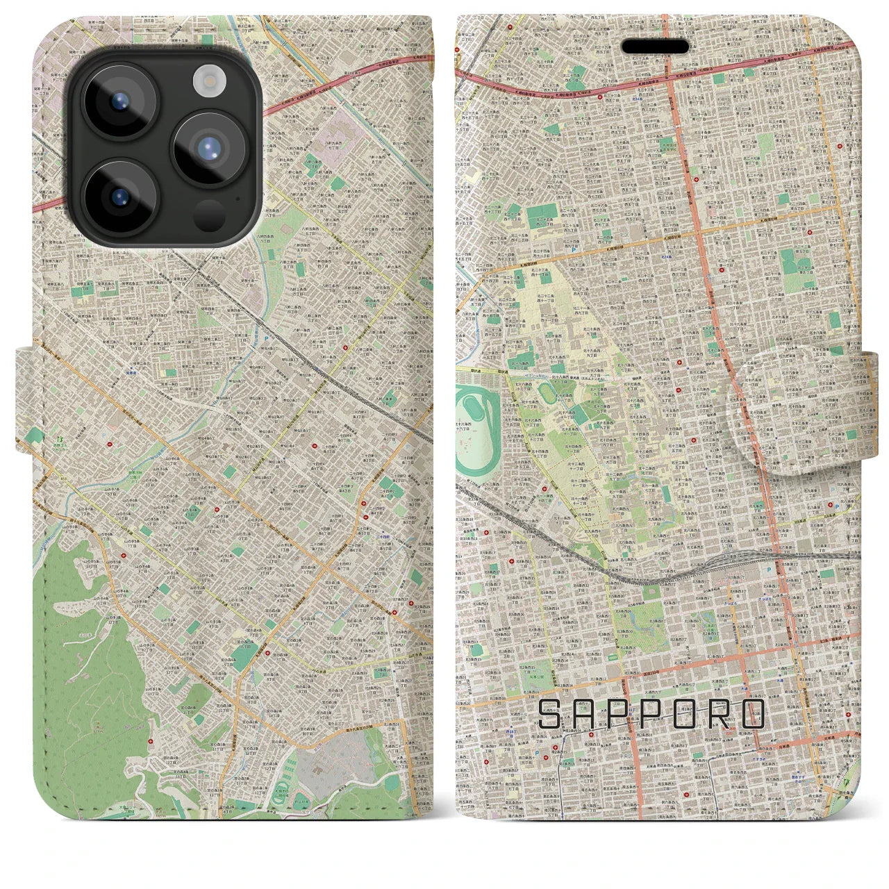 【札幌4(北海道)】地図柄iPhoneケース(手帳タイプ)ナチュラル・iPhone 15 Pro Max 用