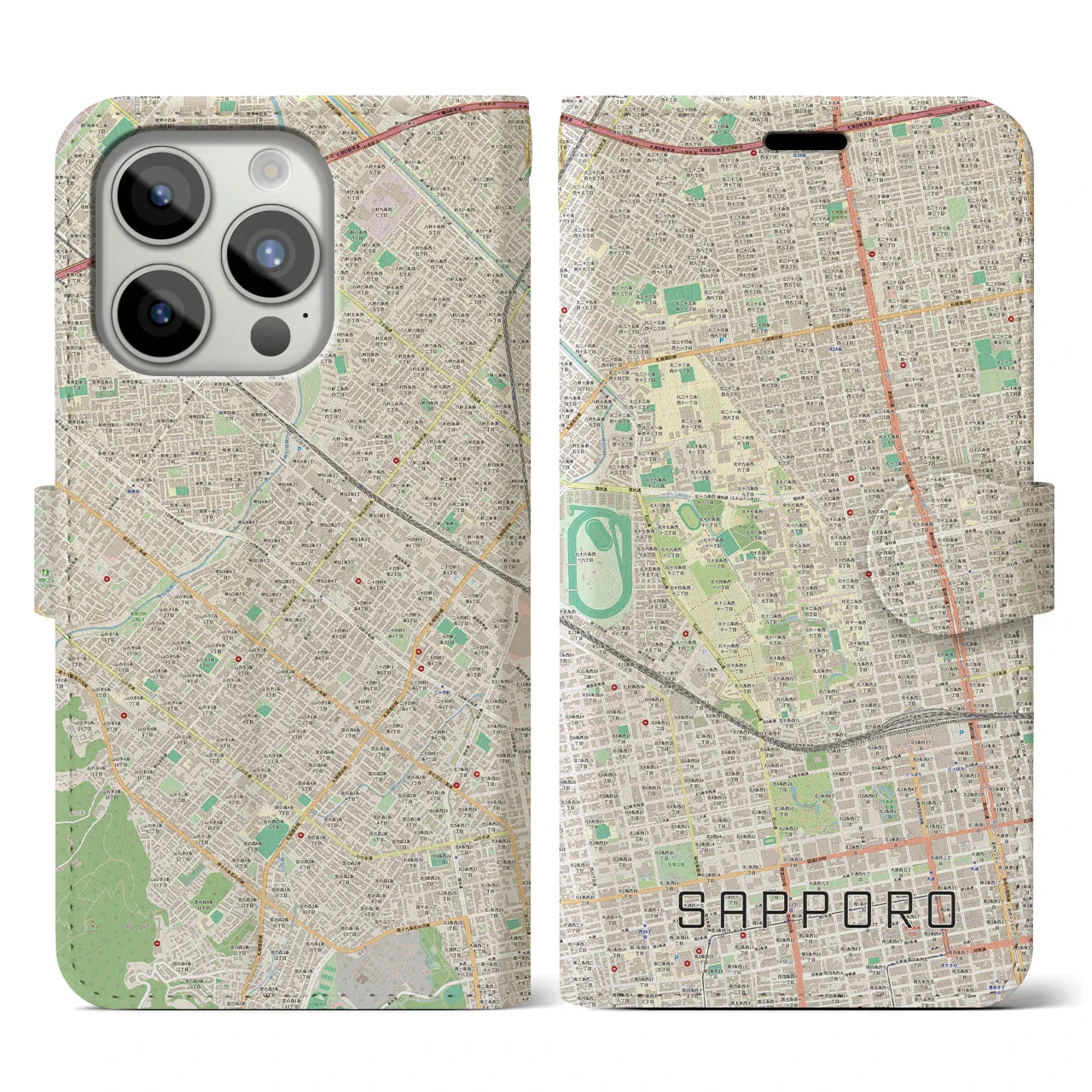【札幌4(北海道)】地図柄iPhoneケース(手帳タイプ)ナチュラル・iPhone 15 Pro 用