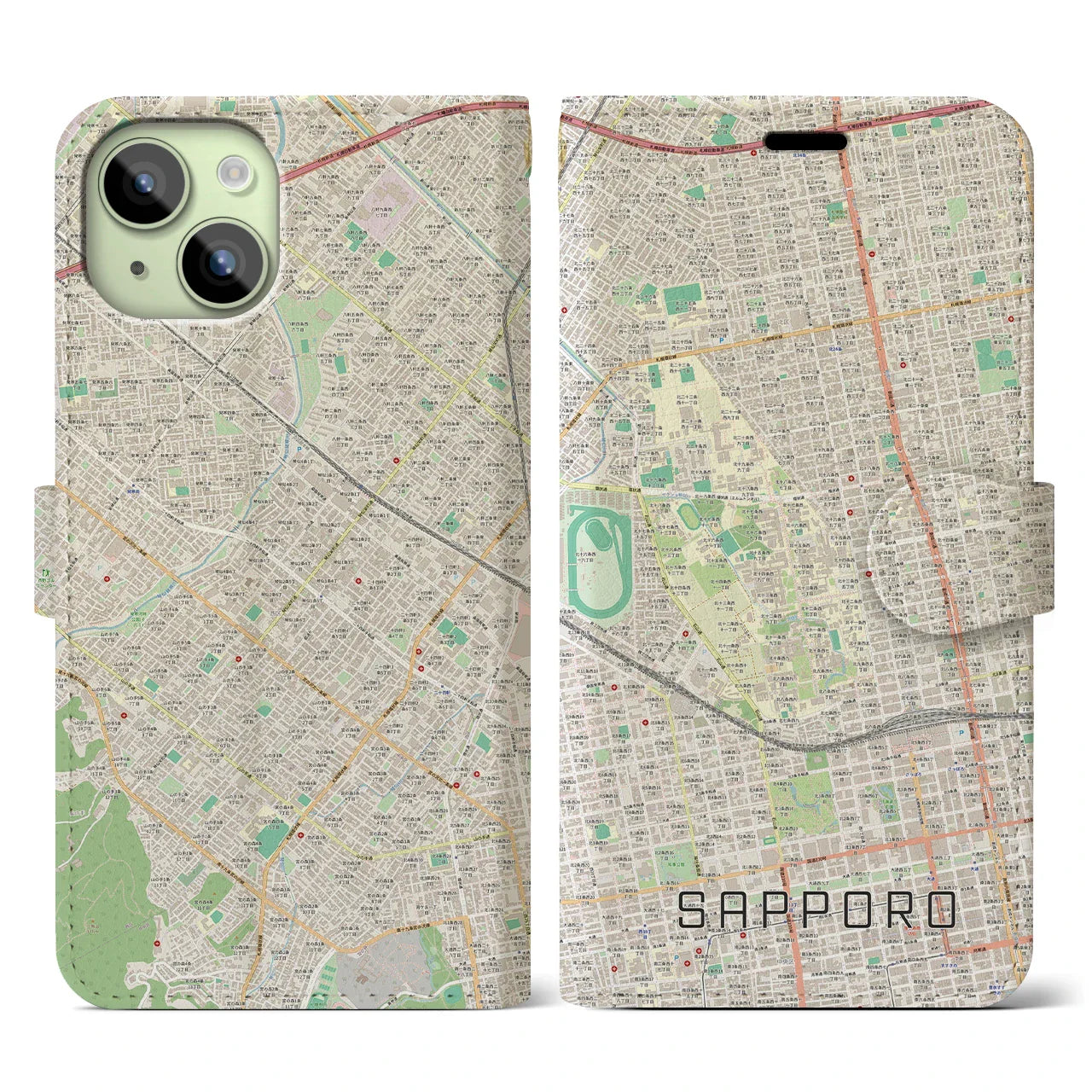 【札幌4(北海道)】地図柄iPhoneケース(手帳タイプ)ナチュラル・iPhone 15 用