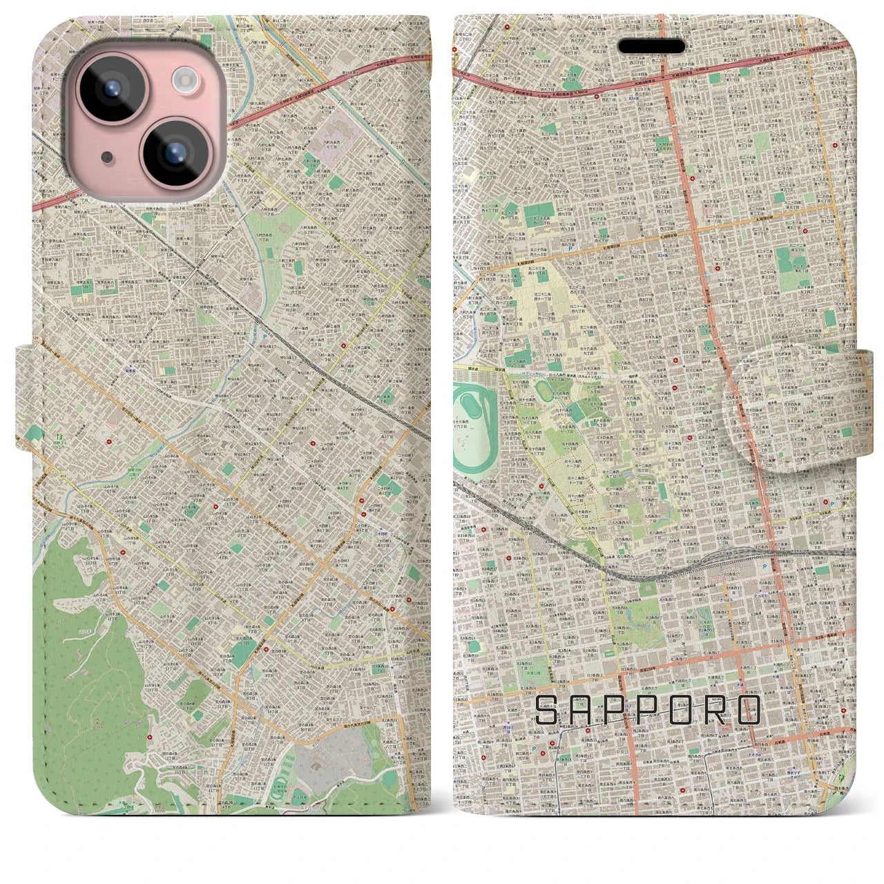 【札幌4(北海道)】地図柄iPhoneケース(手帳タイプ)ナチュラル・iPhone 15 Plus 用