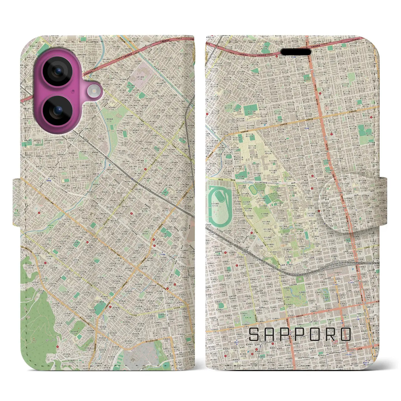 【札幌4(北海道)】地図柄iPhoneケース(手帳タイプ)ナチュラル・iPhone 16 Pro 用