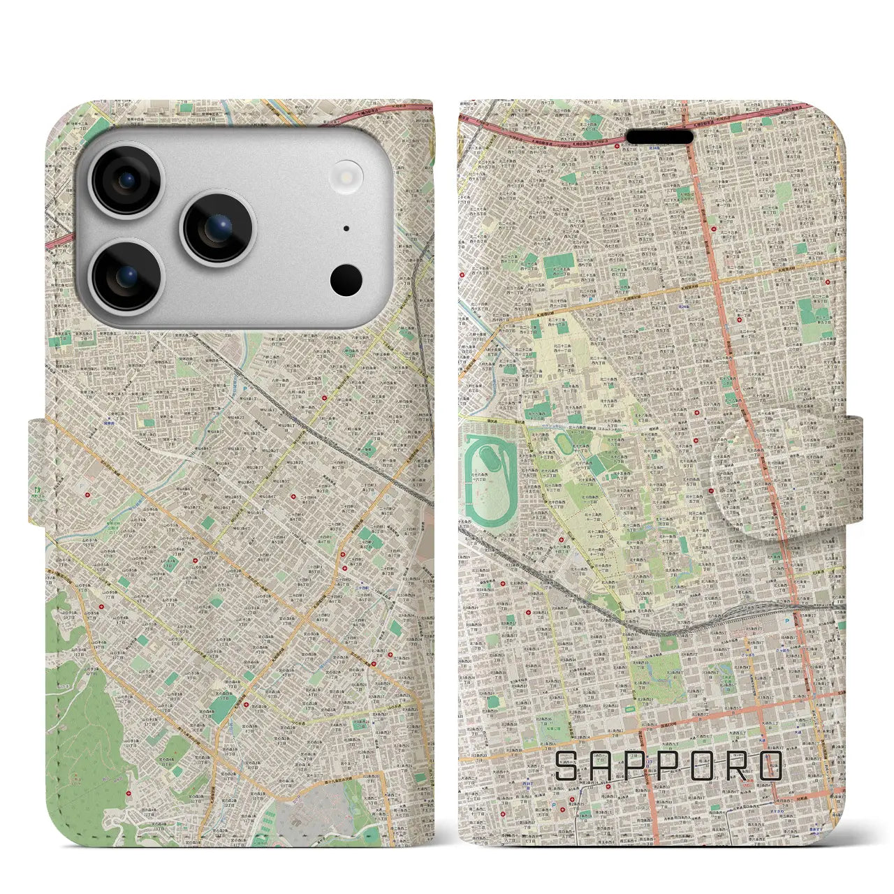 【札幌4(北海道)】地図柄iPhoneケース(手帳タイプ)ナチュラル・iPhone 17 Pro Max 用
