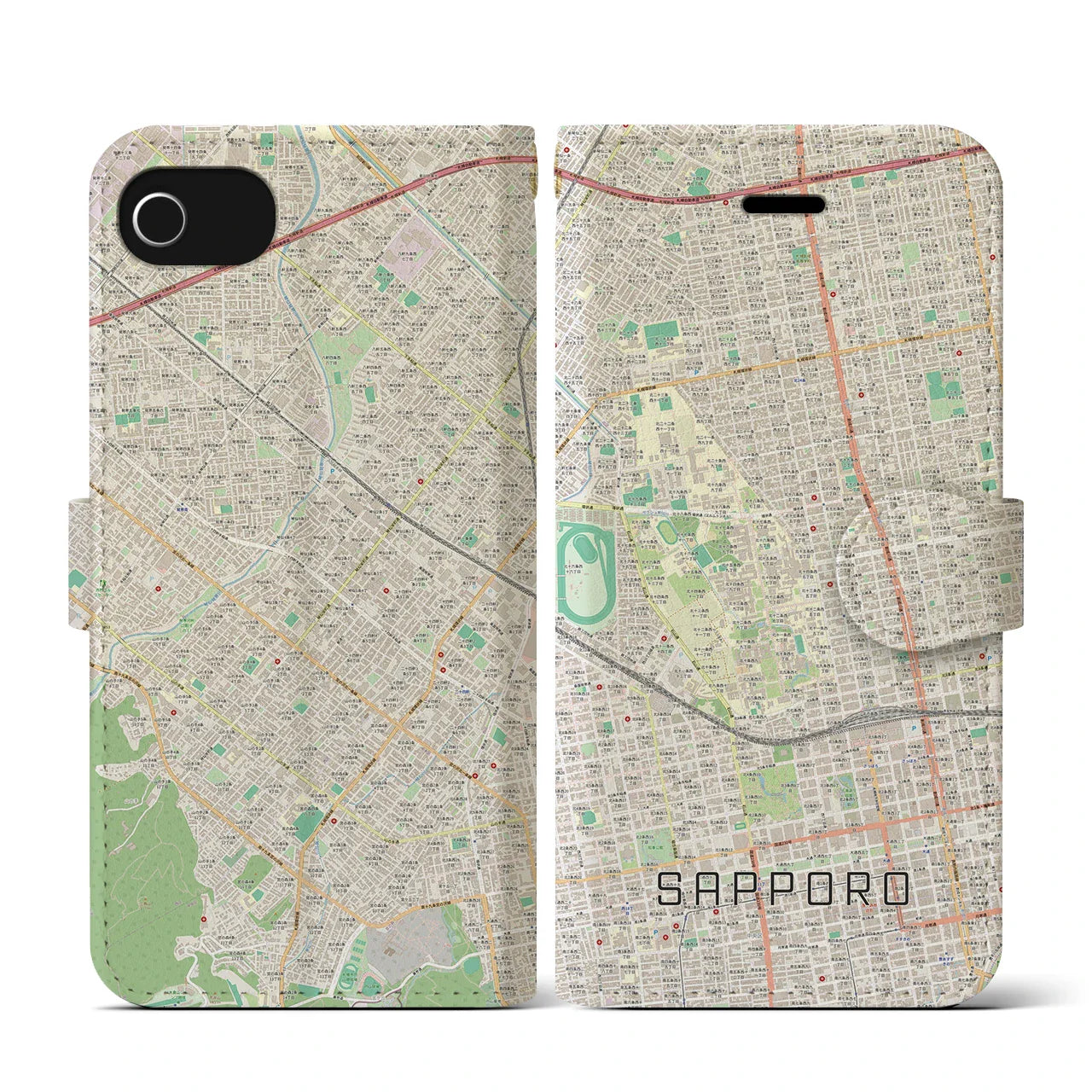 【札幌4(北海道)】地図柄iPhoneケース(手帳タイプ)ナチュラル・iPhone SE(第3 / 第2世代) / 8 / 7 / 6s / 6 用