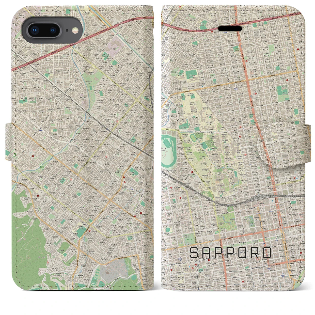 【札幌4(北海道)】地図柄iPhoneケース(手帳タイプ)ナチュラル・iPhone 8Plus /7Plus / 6sPlus / 6Plus 用