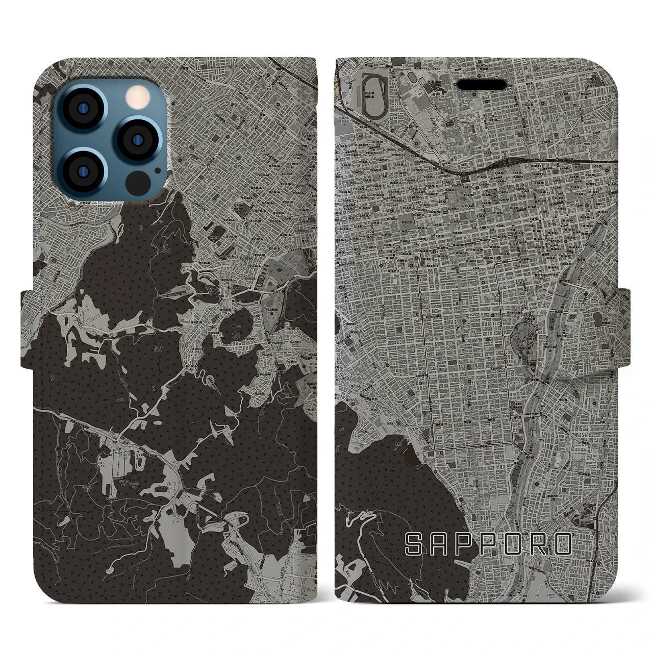 【札幌(北海道)】地図柄iPhoneケース(手帳タイプ)モノトーン・iPhone 12 / 12 Pro 用
