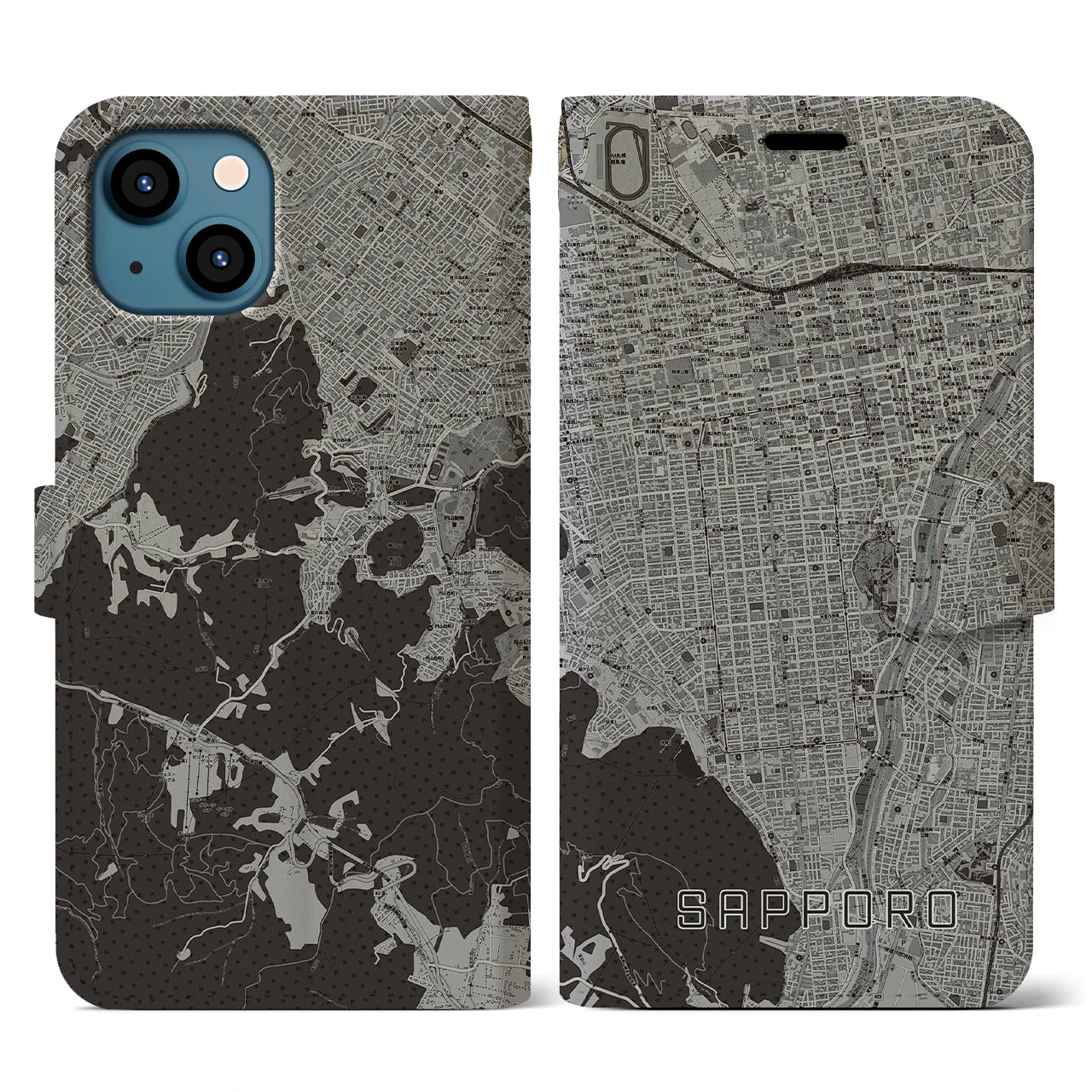 【札幌(北海道)】地図柄iPhoneケース(手帳タイプ)モノトーン・iPhone 13 用