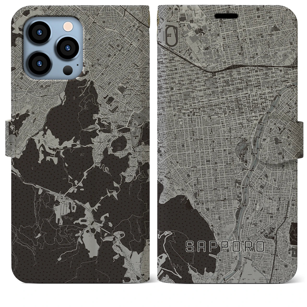【札幌(北海道)】地図柄iPhoneケース(手帳タイプ)モノトーン・iPhone 13 Pro Max 用